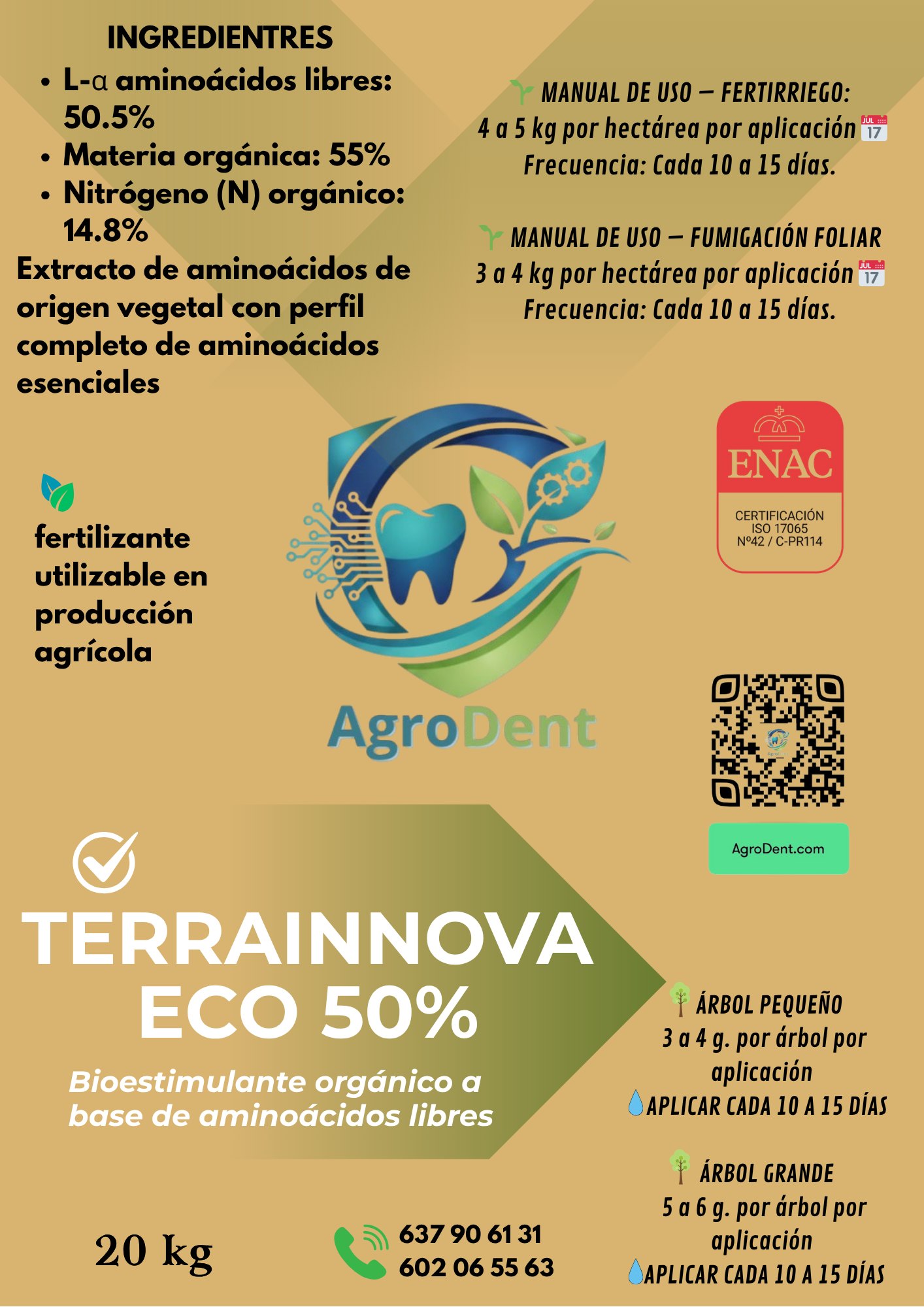 Etiqueta completa de Terrainnova Eco 50%: composición, dosis de fertirriego, fumigación foliar y por árbol, y contacto